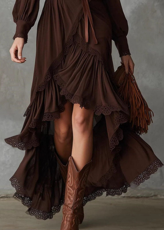 Women Brown Ruffled Low High Design Cotton Vacation Dresses Fall