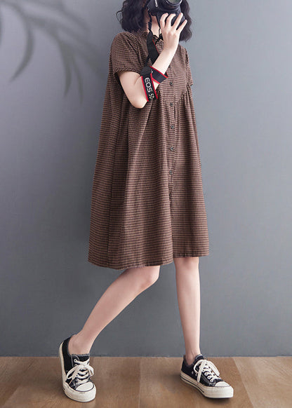 Women Brown Ruffled Plaid Linen A Line Dress Summer