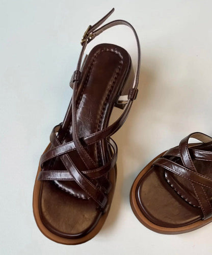 Women Brown Splicing Chunky Heel Sandals Peep Toe