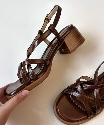 Women Brown Splicing Chunky Heel Sandals Peep Toe