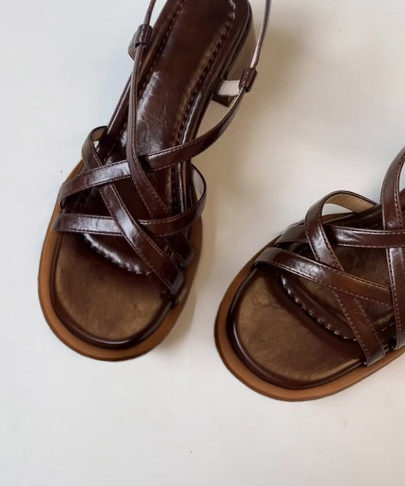 Women Brown Splicing Chunky Heel Sandals Peep Toe