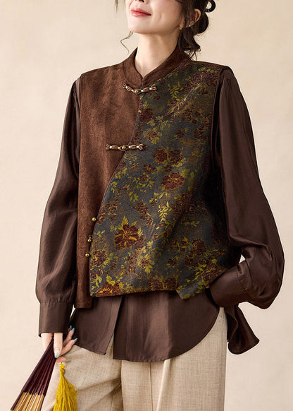 Women Brown Stand Collar Asymmetrical Patchwork Faux Suede Waistcoat Fall
