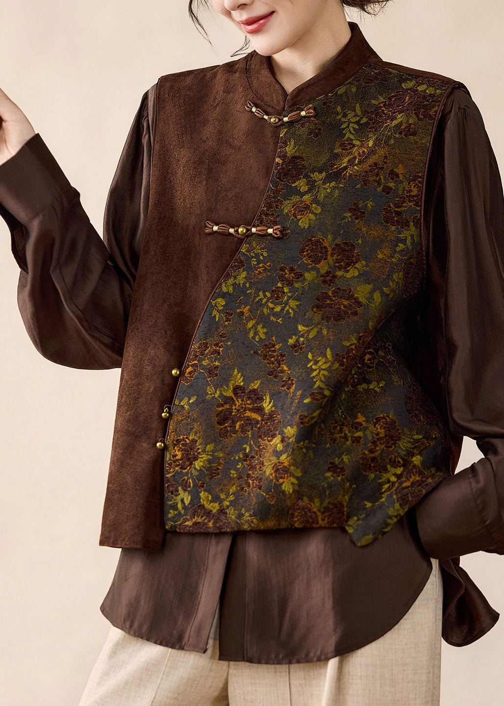 Women Brown Stand Collar Asymmetrical Patchwork Faux Suede Waistcoat Fall