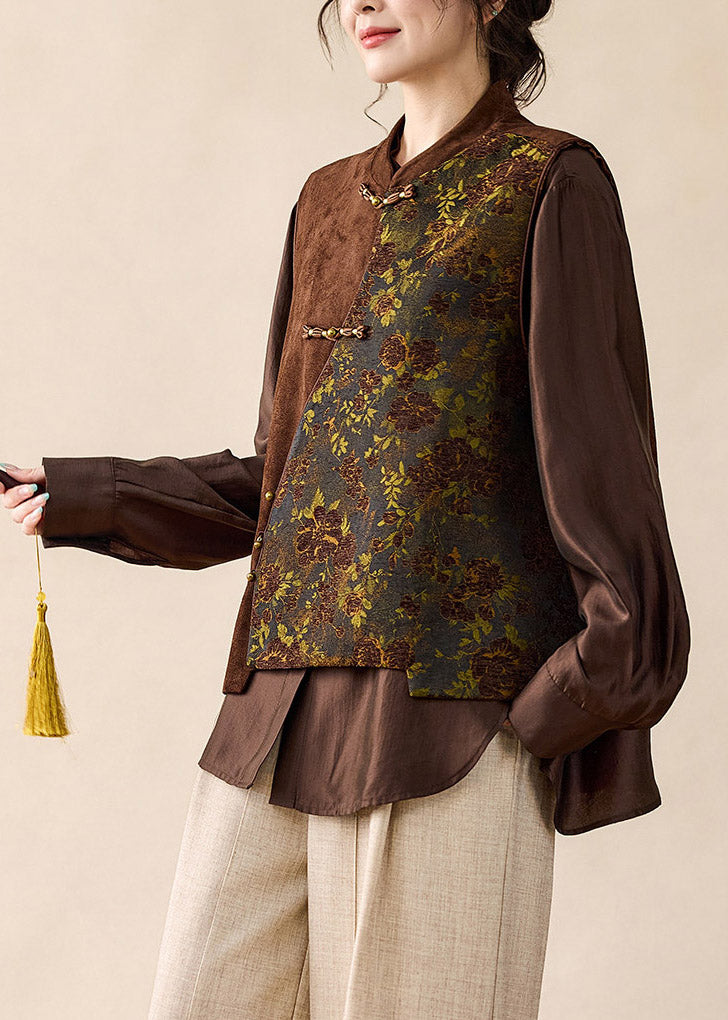 Women Brown Stand Collar Asymmetrical Patchwork Faux Suede Waistcoat Fall