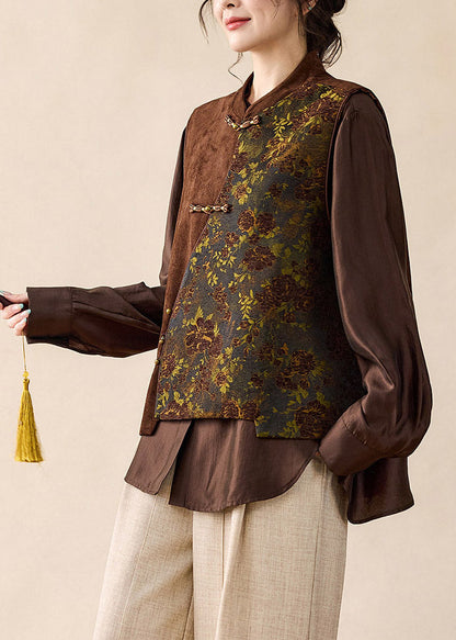 Women Brown Stand Collar Asymmetrical Patchwork Faux Suede Waistcoat Fall