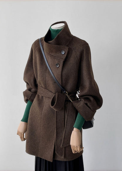 Women Brown Stand Collar Button Woolen Coat Fall