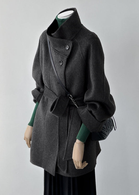 Women Brown Stand Collar Button Woolen Coat Fall