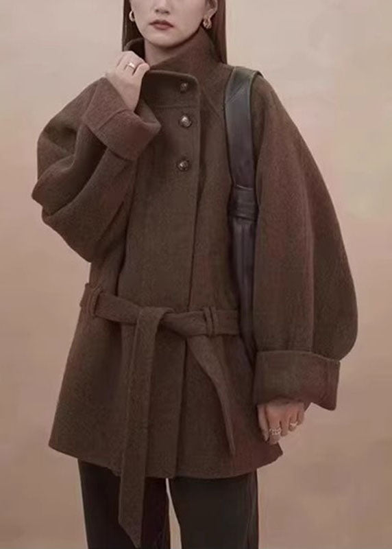 Women Brown Stand Collar Button Woolen Coat Fall