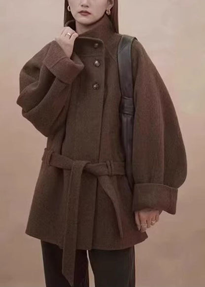 Women Brown Stand Collar Button Woolen Coat Fall