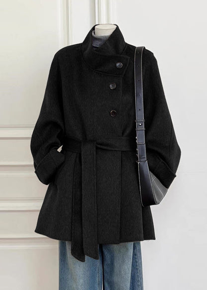 Women Brown Stand Collar Button Woolen Coat Fall