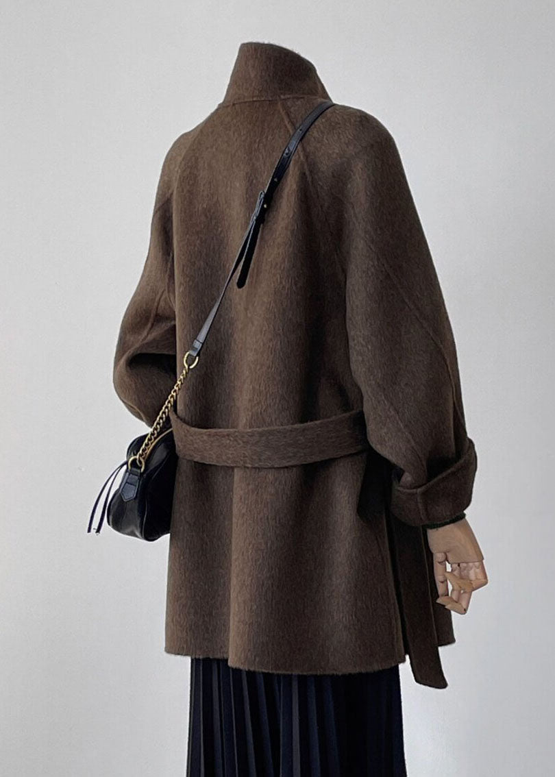 Women Brown Stand Collar Button Woolen Coat Fall