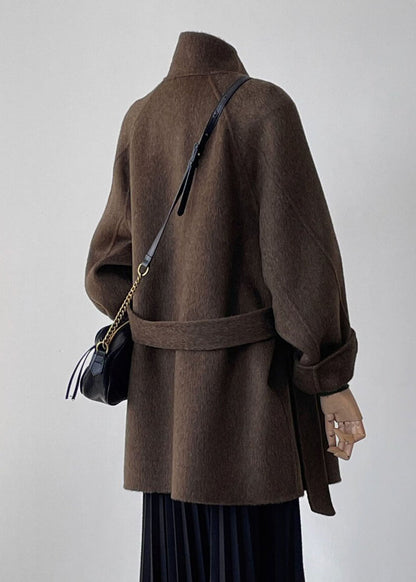 Women Brown Stand Collar Button Woolen Coat Fall