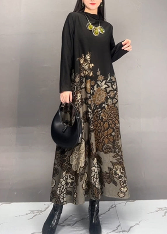 Women Brown Stand Collar Print Long Dresses Spring