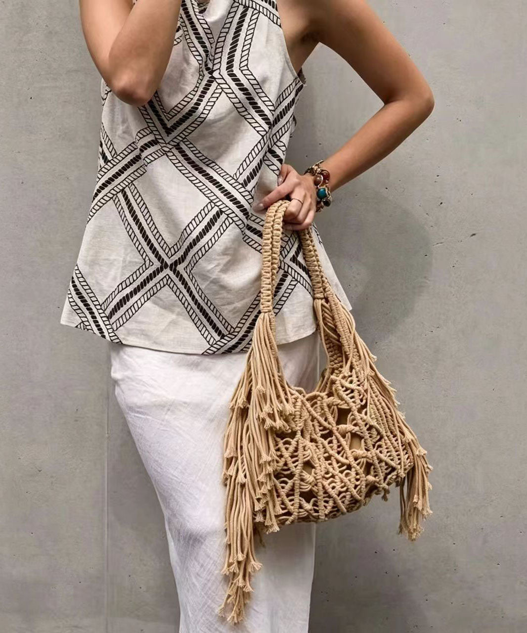 Women Brown Tassel Knitted Cotton Thread Hollow Out Shoulder Bag