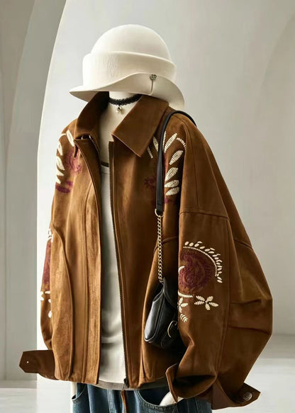 Women Brown Turn-Down Collar Embroidered Faux Suede Jackets Fall