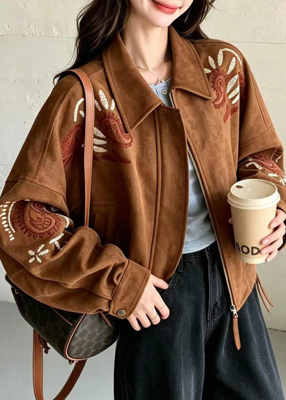 Women Brown Turn-Down Collar Embroidered Faux Suede Jackets Fall