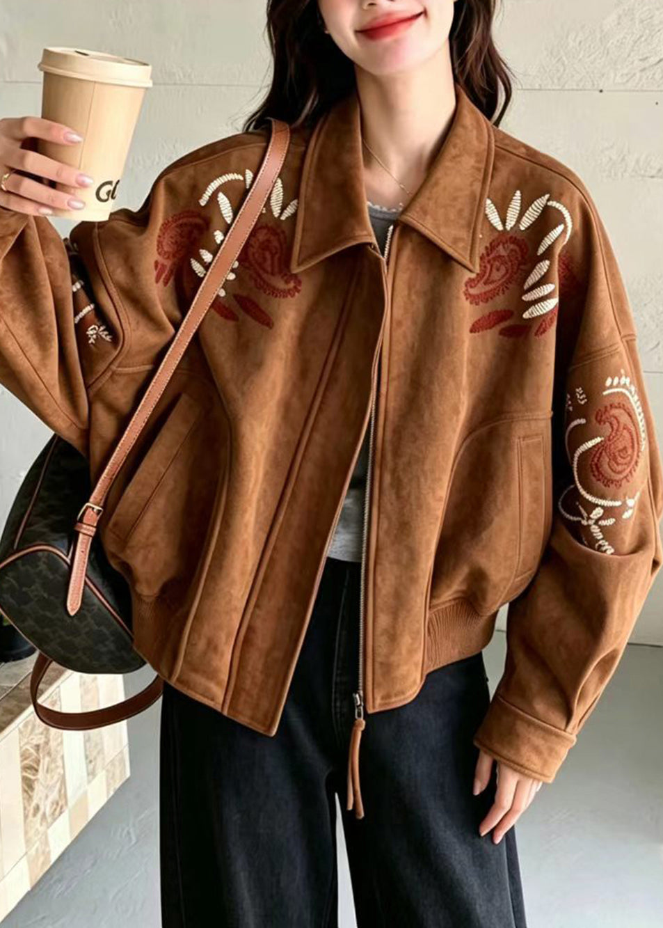 Women Brown Turn-Down Collar Embroidered Faux Suede Jackets Fall