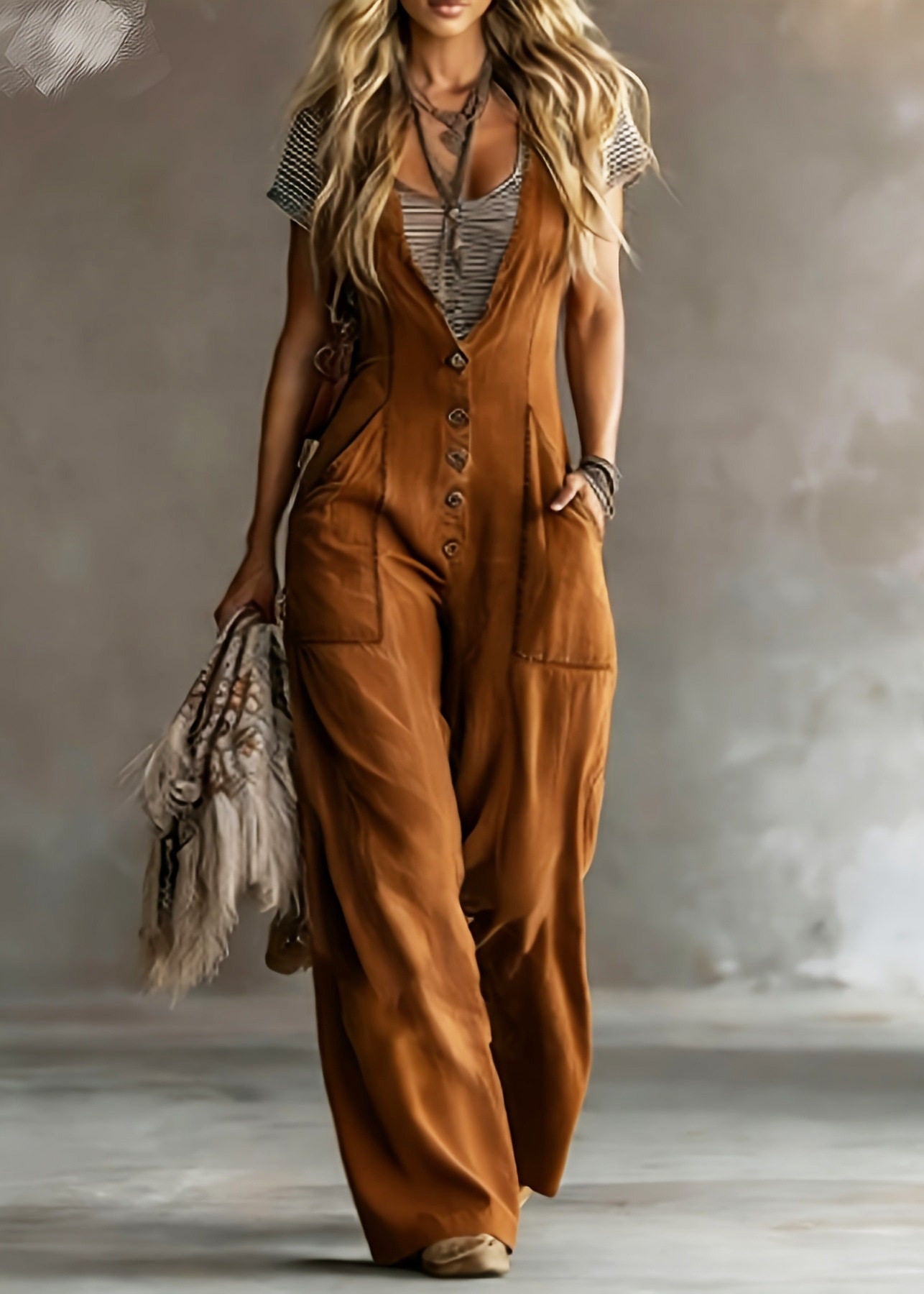 Women Brown V Neck Button Cotton Jumpsuits Summer