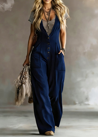 Women Brown V Neck Button Cotton Jumpsuits Summer