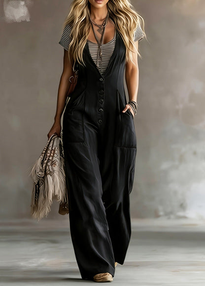 Women Brown V Neck Button Cotton Jumpsuits Summer