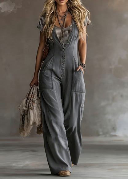 Women Brown V Neck Button Cotton Jumpsuits Summer