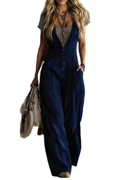 Women Brown V Neck Button Cotton Jumpsuits Summer