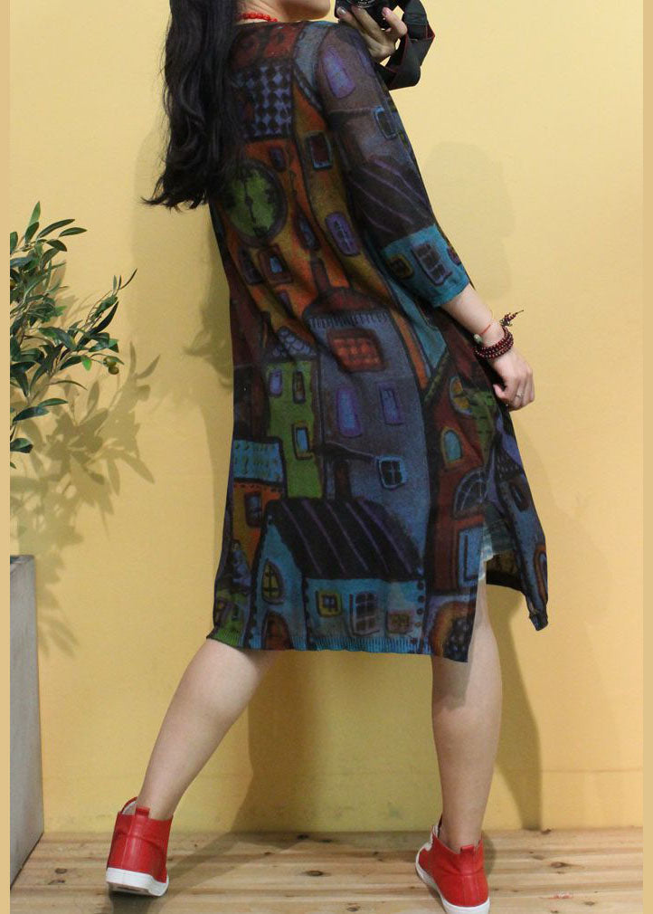 Women Brown V Neck Print Button Fall Knit Cardigans Long sleeve