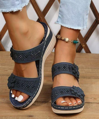 Women Brown Wedge Faux Leather Floral Splicing Slide Sandals