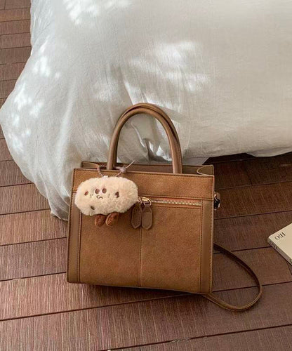 Women Brown Zippered Patchwork Faux Leather Tote Handbag