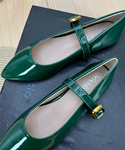Women Buckle Strap Splicing Flat Shoes Green Faux Leather