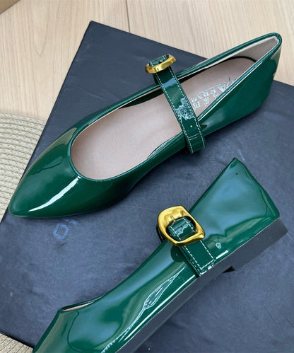 Women Buckle Strap Splicing Flat Shoes Green Faux Leather