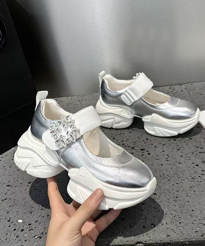 Women Buckle Strap Splicing Silver Platform Black Cowhide Leather
