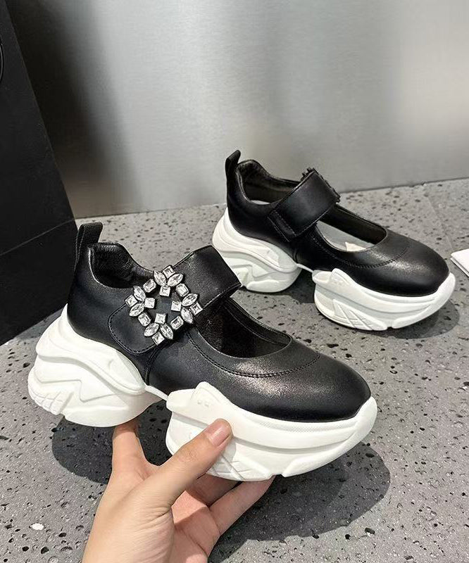 Women Buckle Strap Splicing Silver Platform Black Cowhide Leather