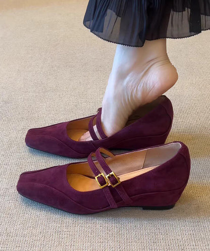 Women Buckle Strap Splicing Wedge Heels Shoes Purple Suede
