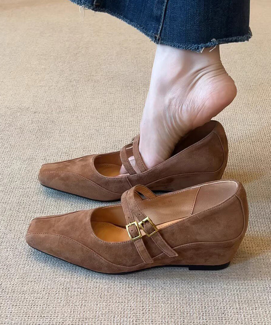 Women Buckle Strap Splicing Wedge Heels Shoes Purple Suede