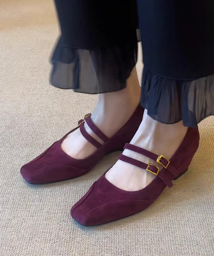 Women Buckle Strap Splicing Wedge Heels Shoes Purple Suede