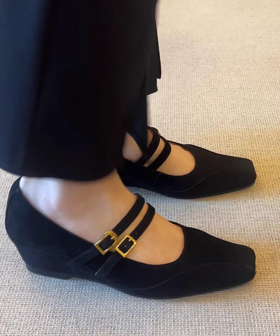 Women Buckle Strap Splicing Wedge Heels Shoes Purple Suede