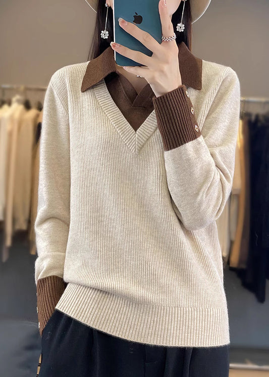 Women Camel False Two Pieces Patchwork Knit Sweater Tops Spring