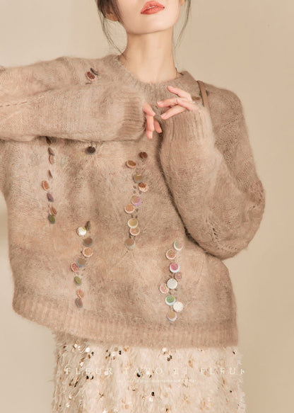 Women Camel O-Neck Sequins Thick Cotton Knit Sweater Spring