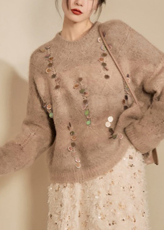Women Camel O-Neck Sequins Thick Cotton Knit Sweater Spring