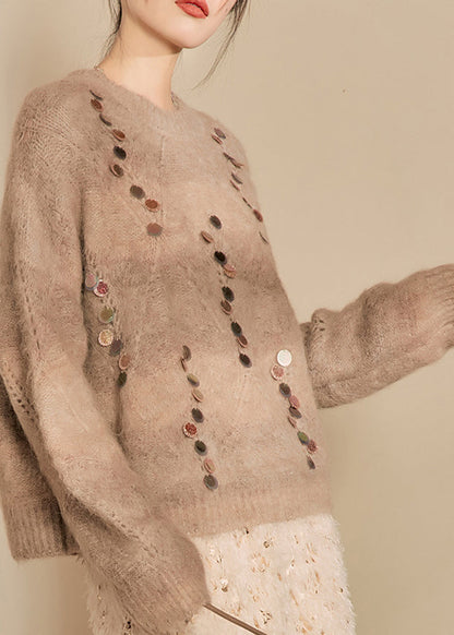 Women Camel O-Neck Sequins Thick Cotton Knit Sweater Spring