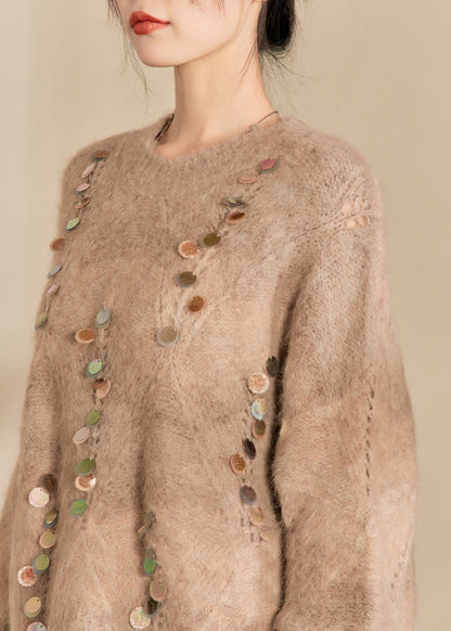 Women Camel O-Neck Sequins Thick Cotton Knit Sweater Spring