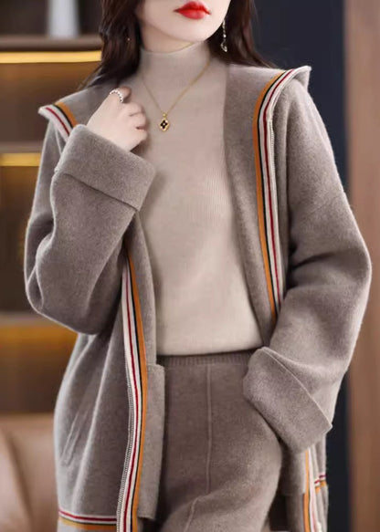 Women Camel Pockets Cashmere Hooded Cardigans Spring