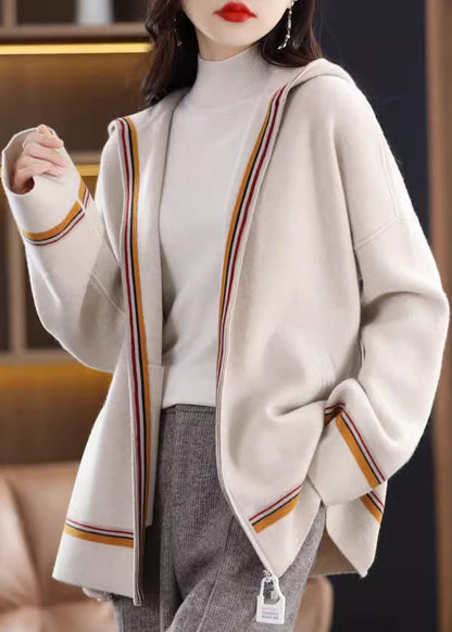 Women Camel Pockets Cashmere Hooded Cardigans Spring