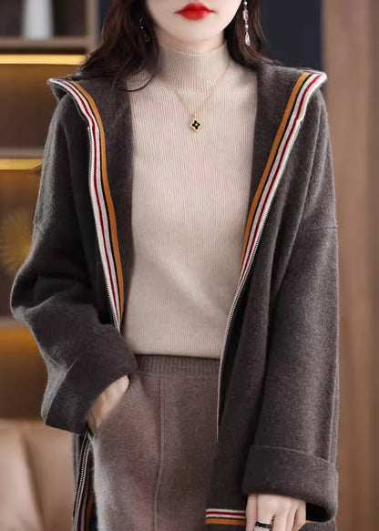 Women Camel Pockets Cashmere Hooded Cardigans Spring