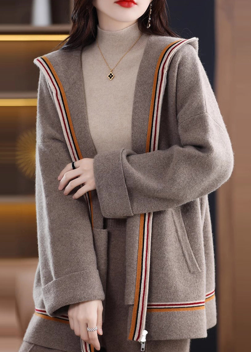 Women Camel Pockets Cashmere Hooded Cardigans Spring