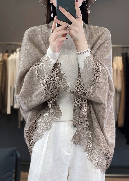 Women Camel V Neck Hollow Out Lace Woolen Cardigans Batwing Sleeve