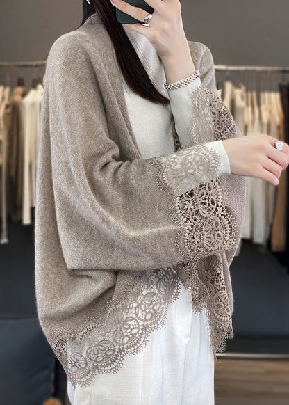 Women Camel V Neck Hollow Out Lace Woolen Cardigans Batwing Sleeve
