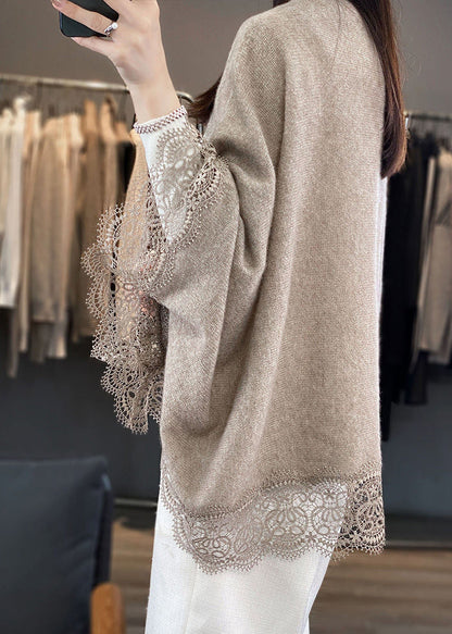 Women Camel V Neck Hollow Out Lace Woolen Cardigans Batwing Sleeve
