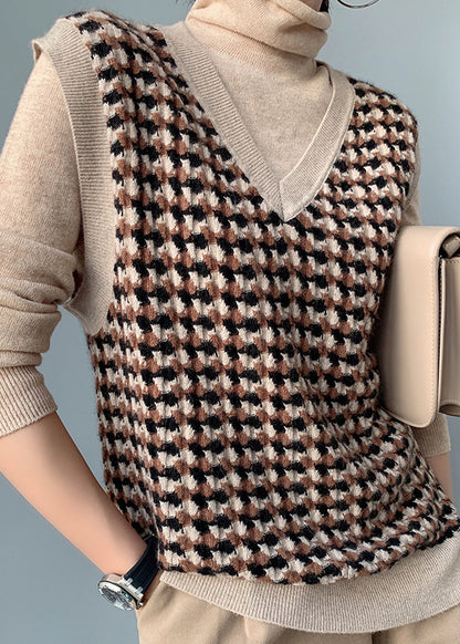 Women Camel V Neck Plaid Cotton Knit Waistcoat Fall
